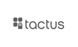 The image shows the word tactus in lowercase letters beside a logo of four rounded squares in a 2x2 grid, with the lower left square featuring a finger-like shape—perfect for brands specializing in custom Wordpress website designs.