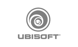 The image shows the Ubisoft logo, featuring a swirling spiral design above the word UBISOFT in bold, uppercase letters—an iconic symbol often seen on custom WordPress website designs. The logo is in grayscale.