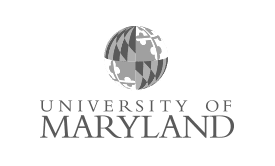The logo for the University of Maryland features a stylized globe with the Maryland state flag pattern above bold, capitalized lettering—perfect inspiration for custom WordPress website designs with a collegiate flair.