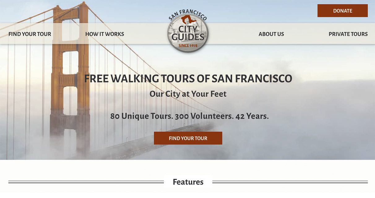 Screenshot of the San Francisco City Guides website with Golden Gate Bridge, logo, navigation menu, and a headline offering free walking tours. A button reads Find Your Tour. A red Donate button is in the top right corner.