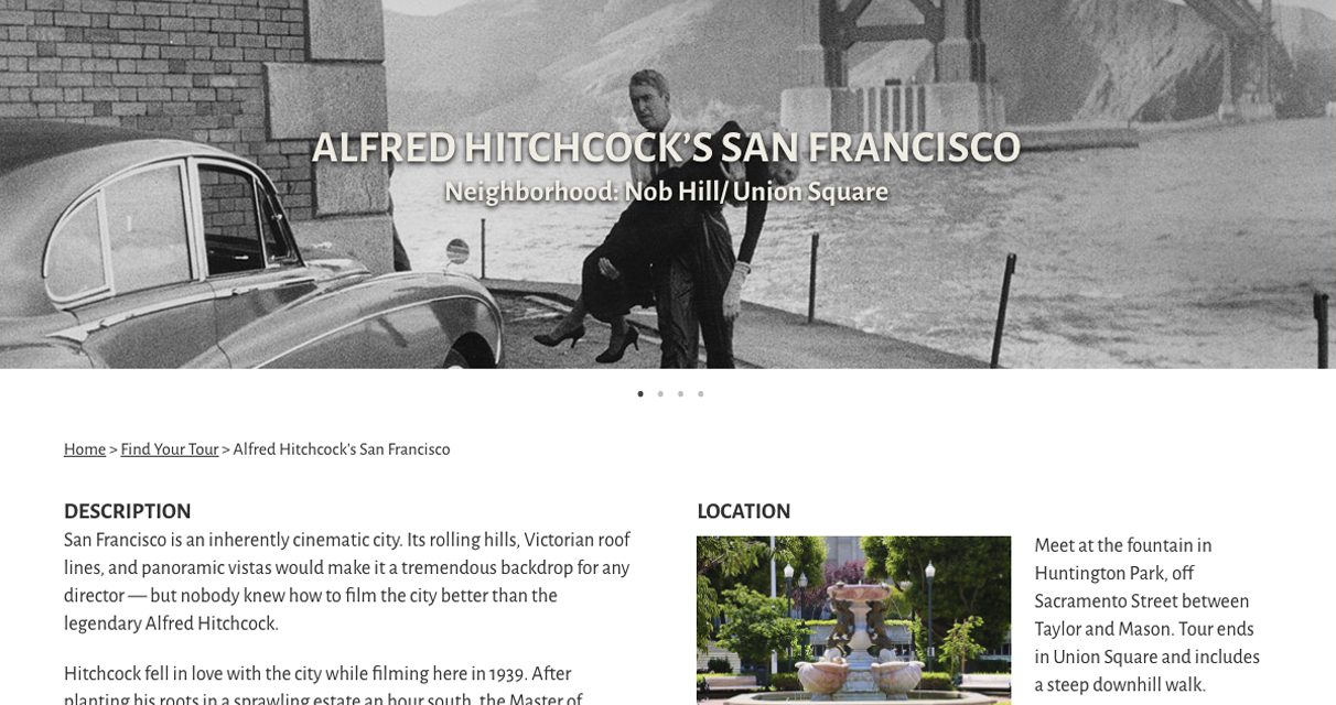 A black-and-white photo of Alfred Hitchcock sitting on the hood of a classic car with the Golden Gate Bridge in the background. The page is titled Alfred Hitchcock’s San Francisco and describes a film location tour.