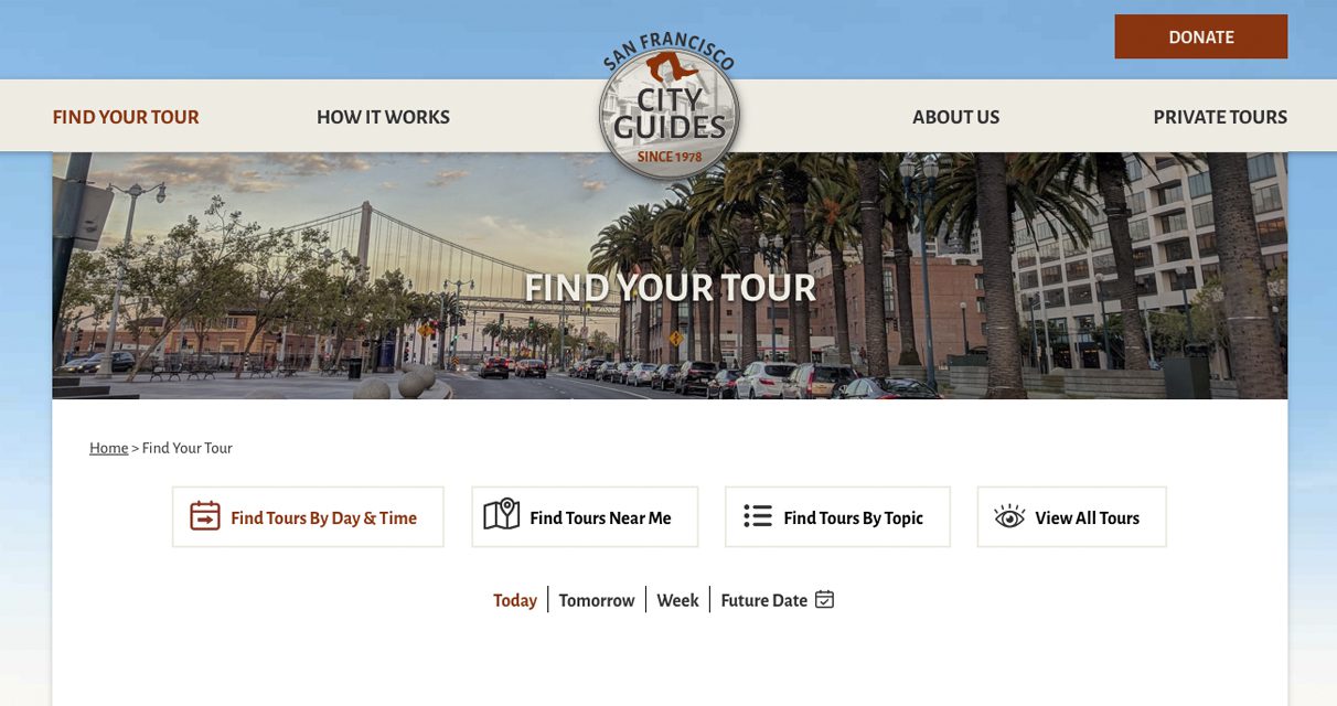 Screenshot of the San Francisco City Guides website showing a banner with a cityscape, navigation menu, and tour search options: Find Tours By Day & Time, Near Me, By Topic, and View All Tours. A Donate button is at the top right.