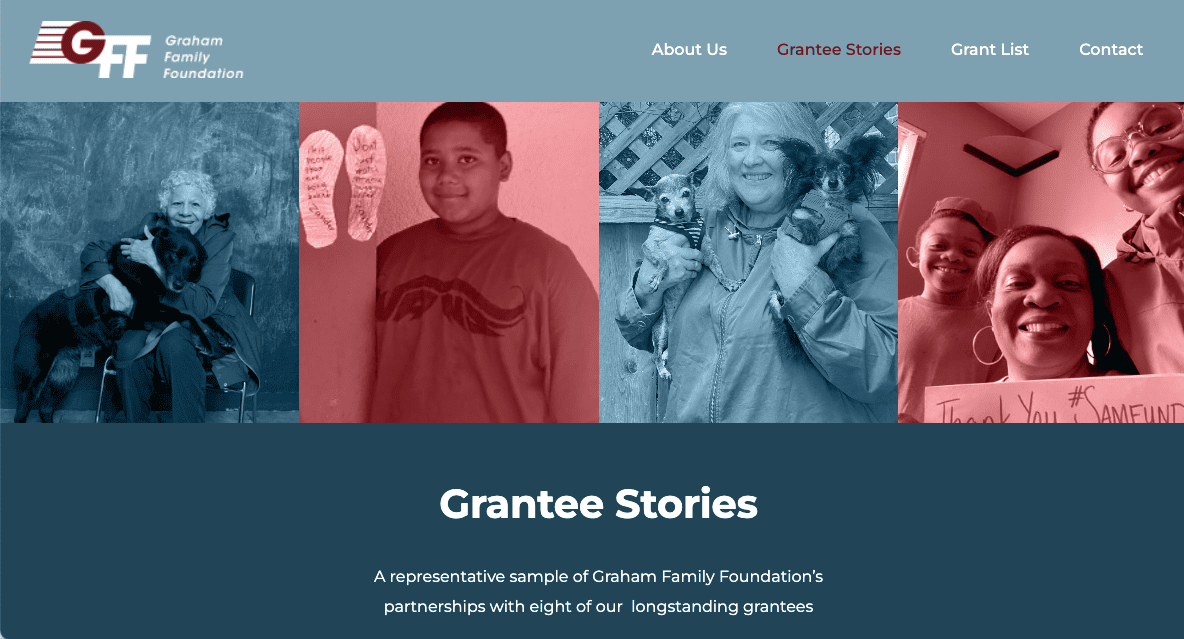 Four photos of diverse grantees: an older woman with a chalkboard, a boy smiling, a person holding a dog, and a group smiling with a Thank You sign. Text above reads Grantee Stories from the Graham Family Foundation.