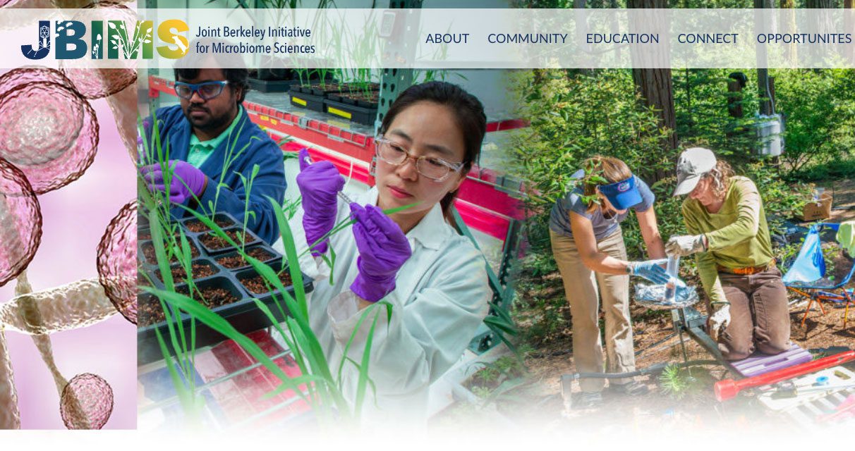 A collage showing scientists in lab coats and gloves examining plants and soil samples, and two people conducting fieldwork in a forest. The JBIMS logo and navigation menu are at the top.