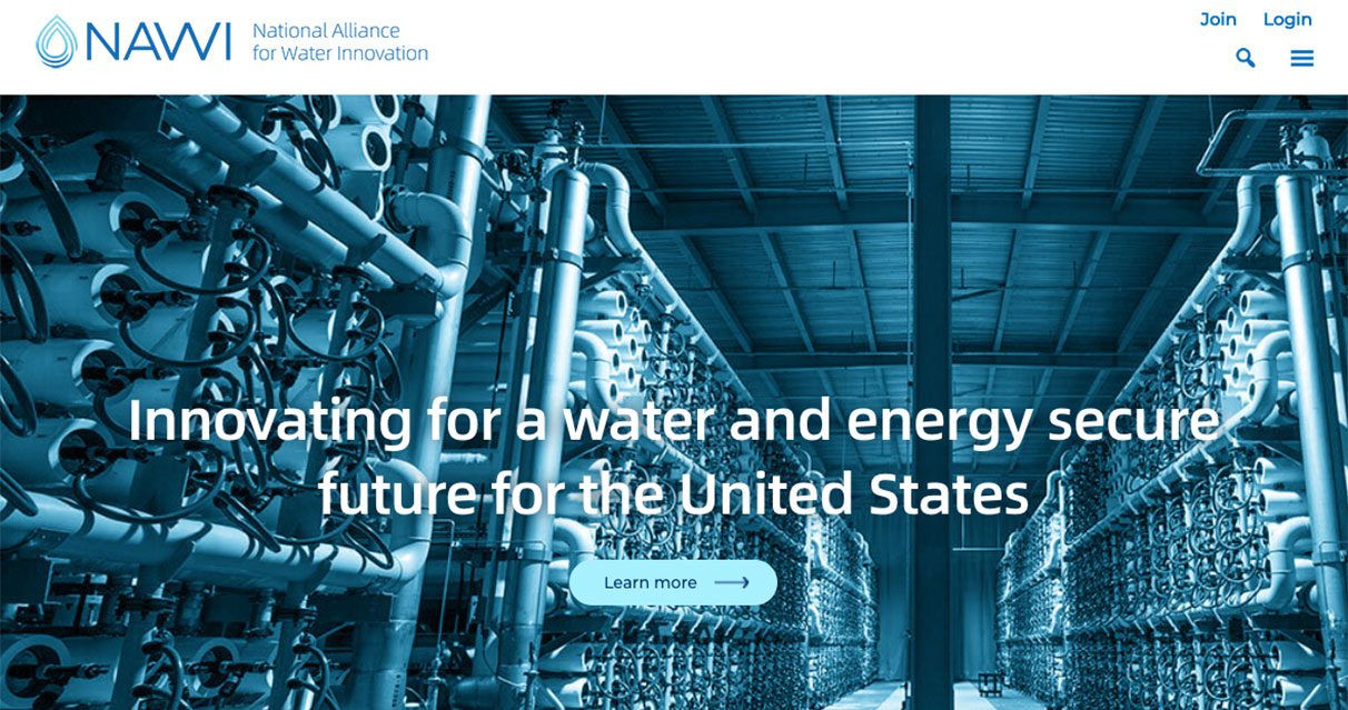 Industrial facility with large water filtration systems and pipes. Text overlay reads: “Innovating for a water and energy secure future for the United States.” NAWI logo and navigation links appear at the top.
