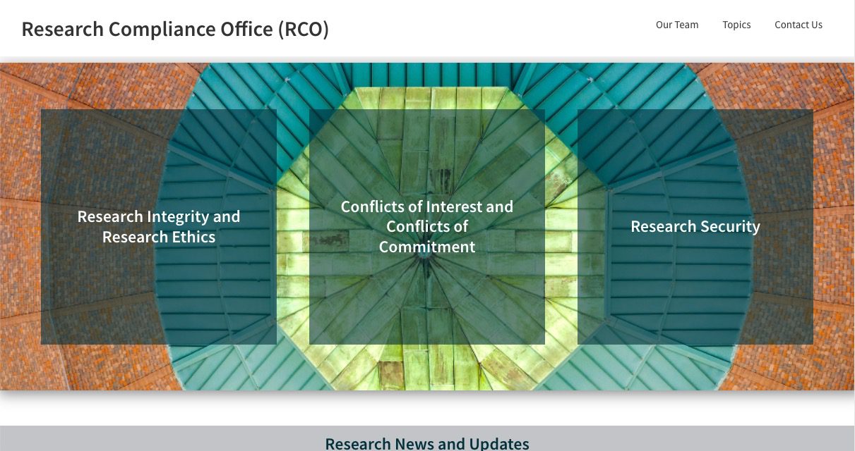 Screenshot of the Research Compliance Office (RCO) website. The banner features three sections: Research Integrity and Ethics, Conflicts of Interest and Commitment, and Research Security, overlaid on a geometric background.