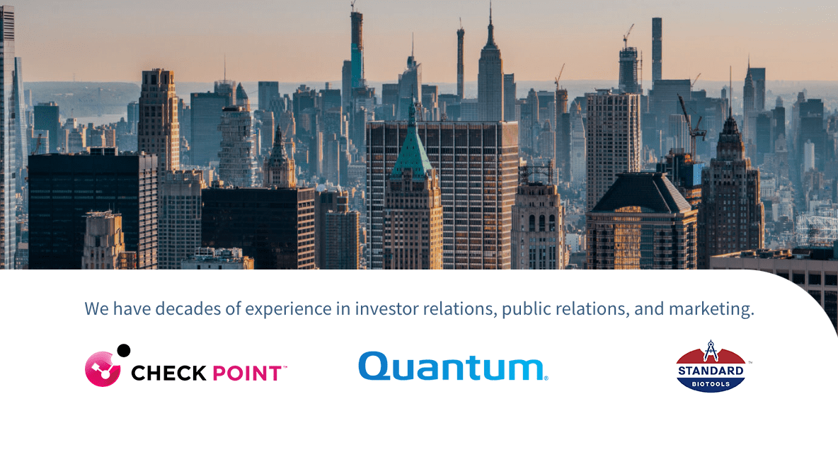 A city skyline with tall buildings at sunset. Below, text reads, We have decades of experience in investor relations, public relations, and marketing. Explore the CapComm Partners website to study our work with Check Point, Quantum, and Standard Biotools.
