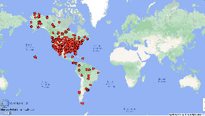 A world map, resembling google maps, with numerous red markers concentrated in North and South America—especially the United States—and fewer in Canada, Central America, and Brazil. There are no markers in Europe, Africa, Asia, or Australia.