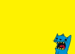 A cartoonish blue cat with an open mouth and sharp teeth is in the bottom right corner of a bright yellow background.