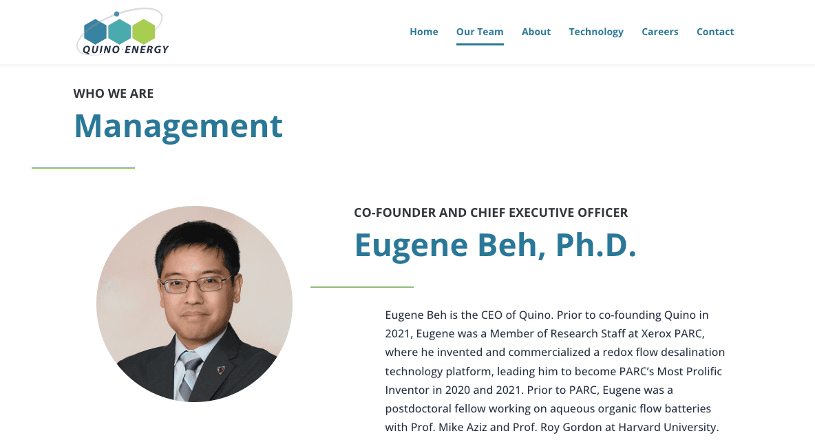 A website’s management page for Quino Energy shows a headshot of Eugene Beh, Ph.D., with his bio and title as Co-Founder and Chief Executive Officer. The navigation menu is visible at the top.