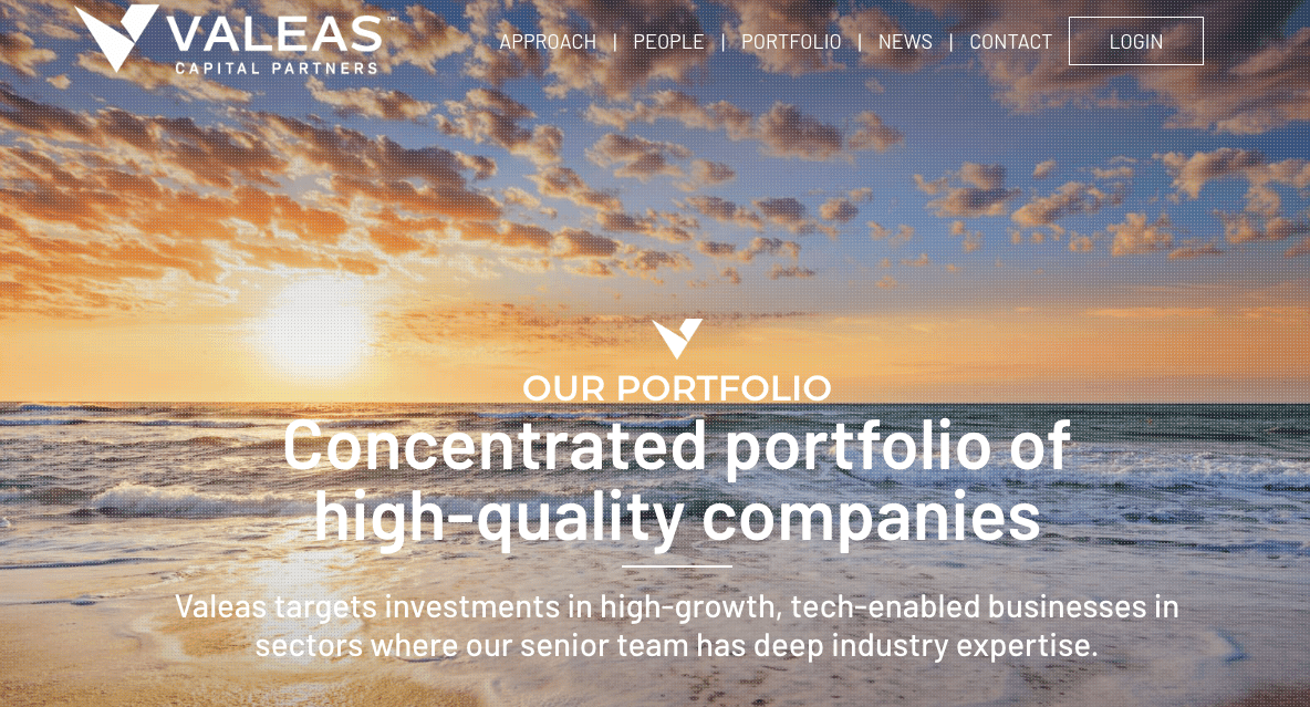 A website homepage for Valeas Capital Partners shows a sunset over the ocean with clouds. Text promotes a concentrated portfolio of high-quality companies and highlights investments in high-growth, tech-enabled businesses.