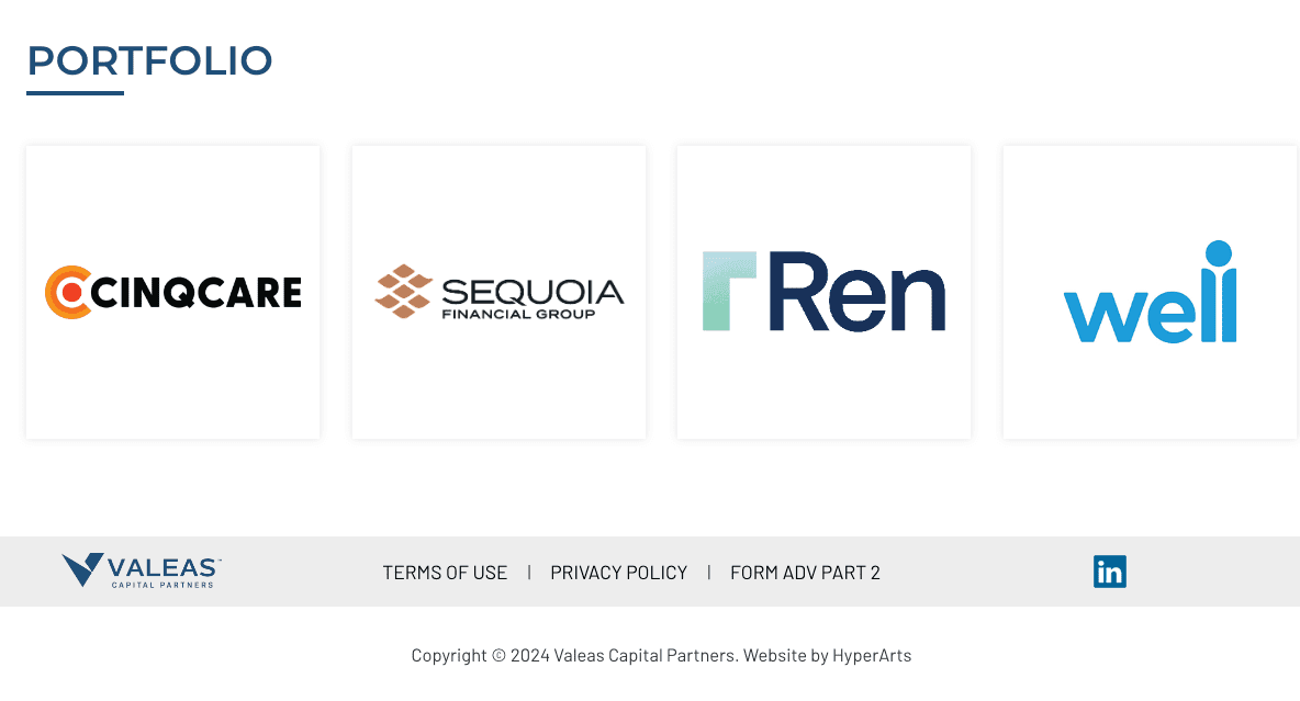 A portfolio section displaying four company logos: Cinqcare, Sequoia Financial Group, Ren, and Well, with a Valeas Capital Partners footer below.