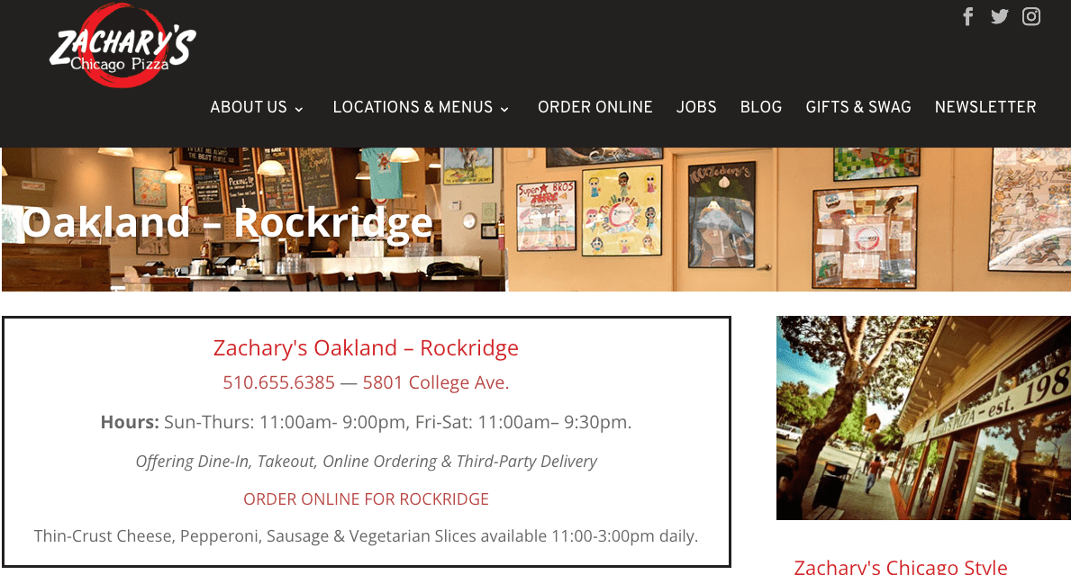 Screenshot of Zachary’s Chicago Pizza website showing Oakland–Rockridge location details, hours, and online ordering options. Wall art and framed pizza awards are visible in the background photos.