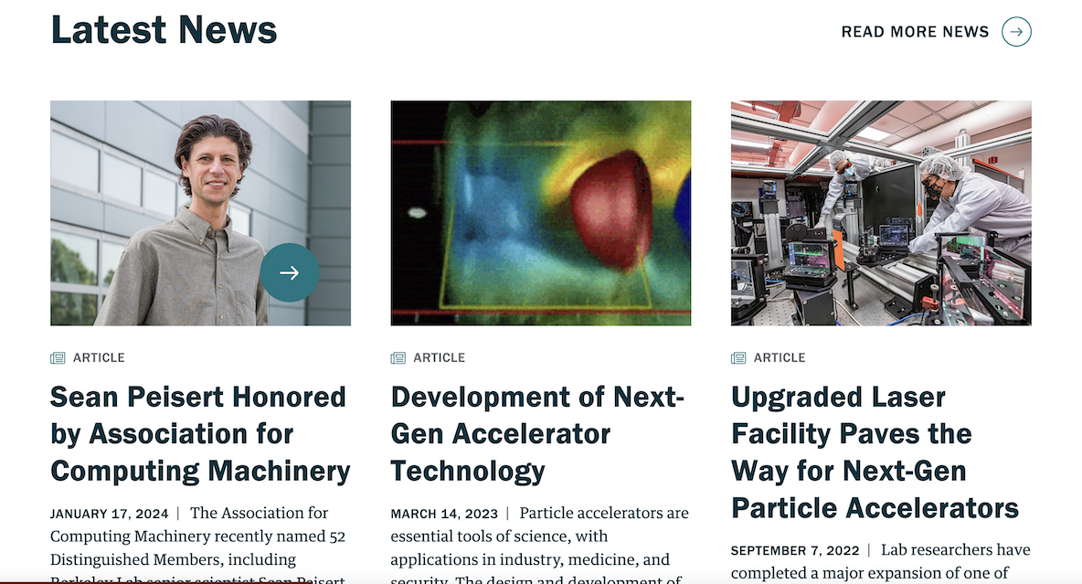 A website section titled Latest News displays three articles with images and headlines about computing machinery, accelerator technology, and upgraded laser facilities for particle accelerators.