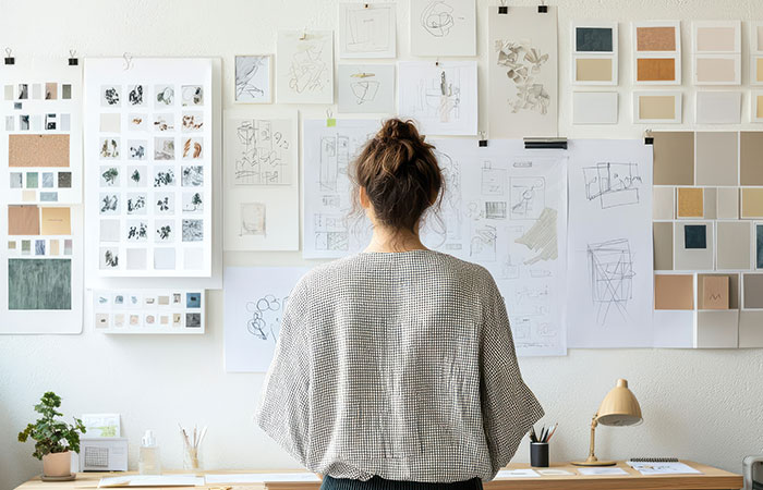 A person with brown hair in a loose bun stands at a desk, looking at a wall covered in sketches, drawings, and color swatches. The workspace includes art supplies, plants, and a desk lamp.
