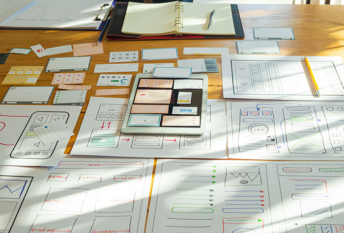 A wooden table covered with website and app wireframe sketches, layout designs, sticky notes, and a notebook, suggesting a planning or brainstorming session for digital interface design.
