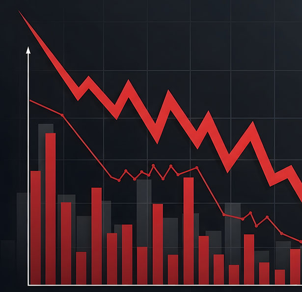 A bar and line graph with red bars and jagged red lines trending downward, indicating a decline in values over time on a dark background.