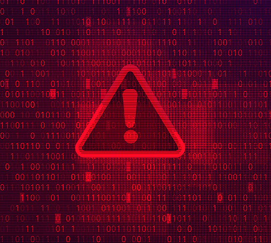 A red warning triangle with an exclamation mark in the center appears over a digital background filled with binary code, symbolizing a cybersecurity threat or data breach.