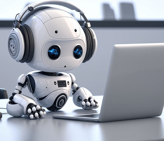 A cute, small robot wearing large headphones sits at a desk, looking at an open laptop. The background is blurred, focusing attention on the robot and its activity.