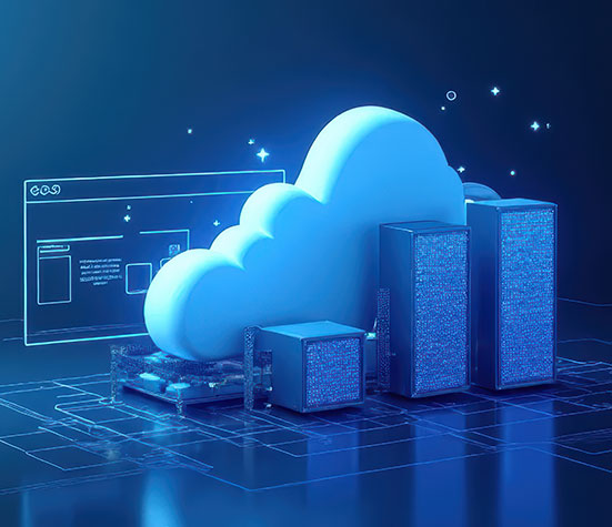 A 3D illustration of a glowing cloud surrounded by server towers and digital interface elements, representing cloud computing and data storage in a futuristic, blue-lit environment.