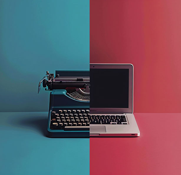 A split image showing half a vintage typewriter on a blue background and half a modern laptop on a red background, symbolizing the contrast between old and new technology.