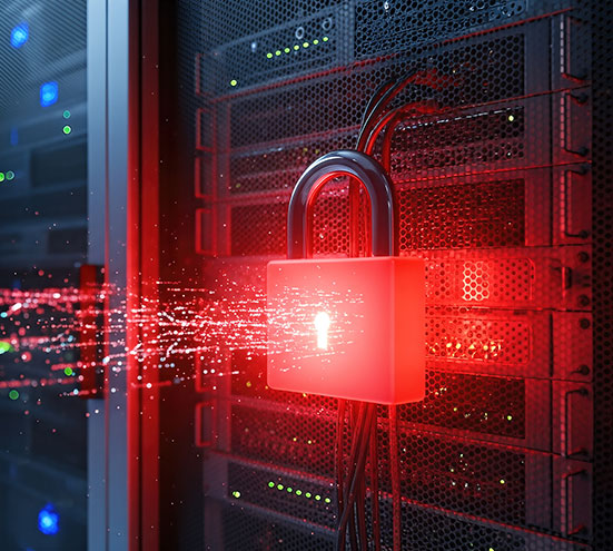 A glowing red padlock and digital light effects appear in front of server racks, symbolizing cybersecurity and data protection in a network environment.
