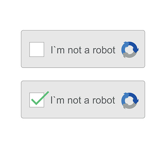 Two Im not a robot CAPTCHA checkboxes: the top box is blank, and the bottom box is checked with a green check mark. Both have a blue circular captcha logo on the right.