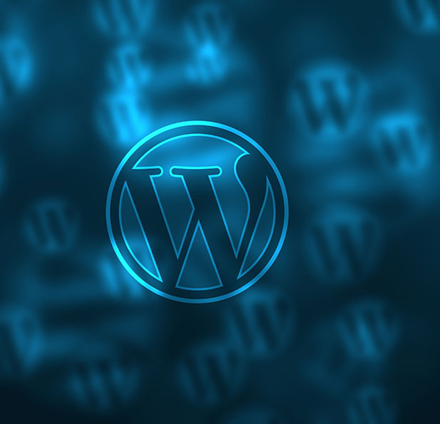 A glowing blue WordPress logo appears prominently in the center, surrounded by multiple faded and blurred versions of the same logo against a dark blue background.