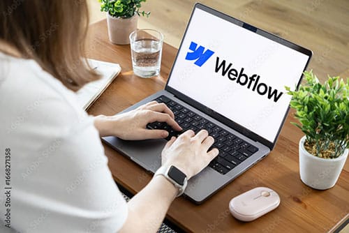 A person using a laptop displaying the Webflow logo at a wooden desk with a notebook, glass of water, potted plants, and a wireless mouse nearby.